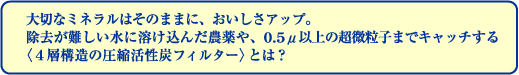 大切なミネラルはそのままに、おいしさアップ。 除去が難しい水に溶け込んだ農薬や、0.5μ以上の超微粒子までキャッチする(4層構造の圧縮活性炭フィルター)とは?